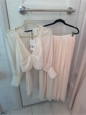 Zara Soft Cream Pleated Dress with Spaghetti Straps